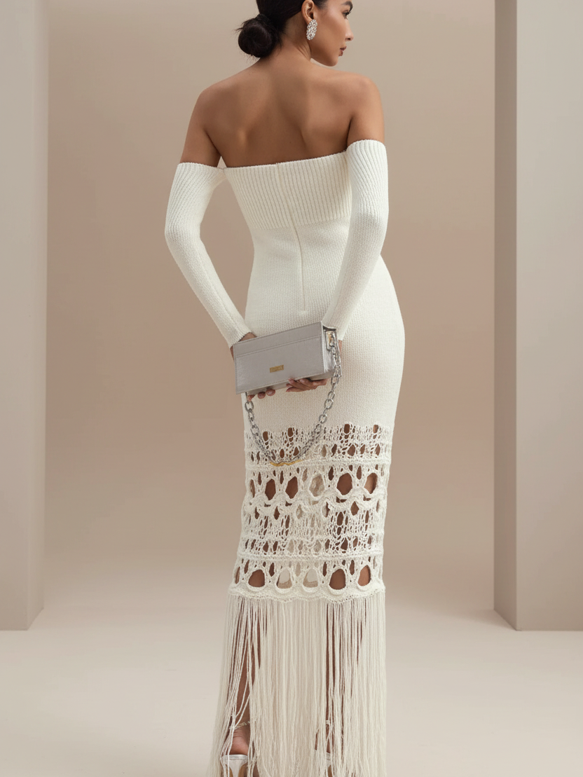 Tassel Knitted Off Shoulder Cutout Bodycon Dress in white knit with crochet lace fringe hem