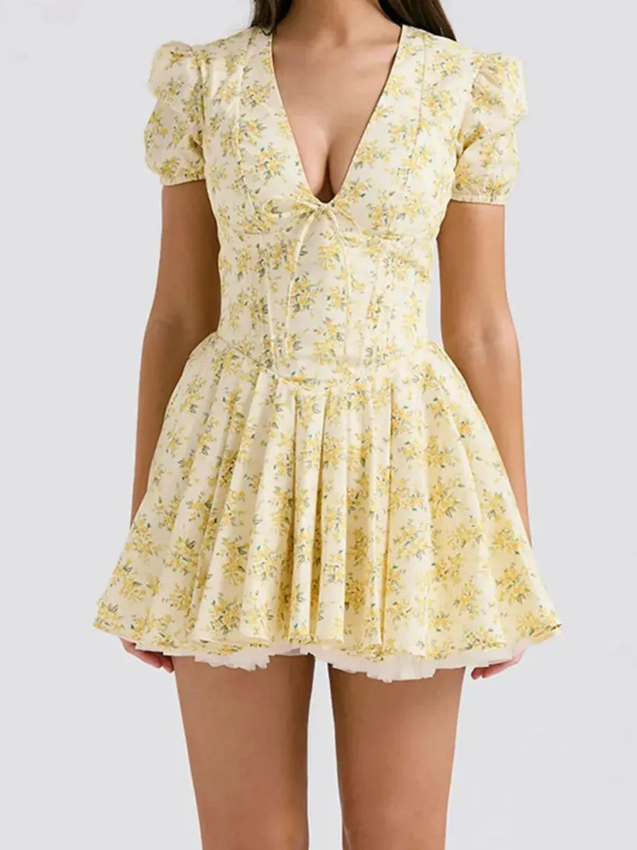 Floral Yellow Tie-up Front Skater Dress