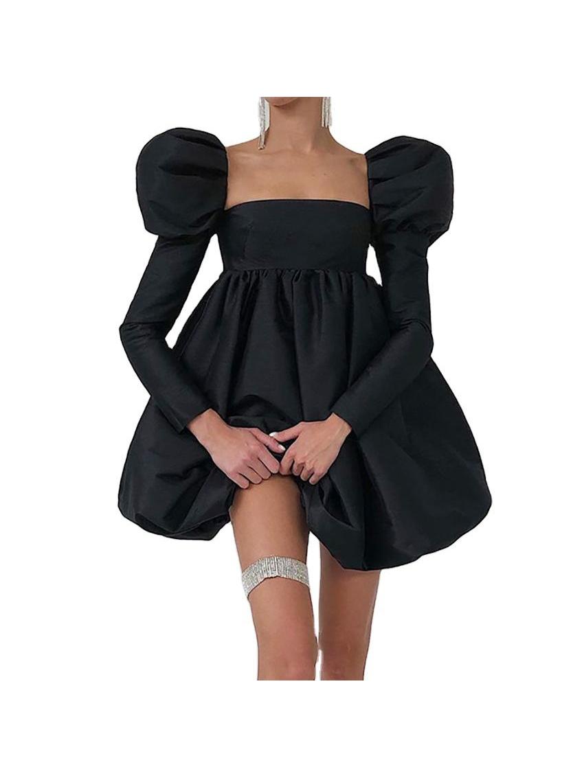 Ice Silk Square-Collar Puff-Sleeve French Satin Dress on sale, black with a voluminous bubble skirt