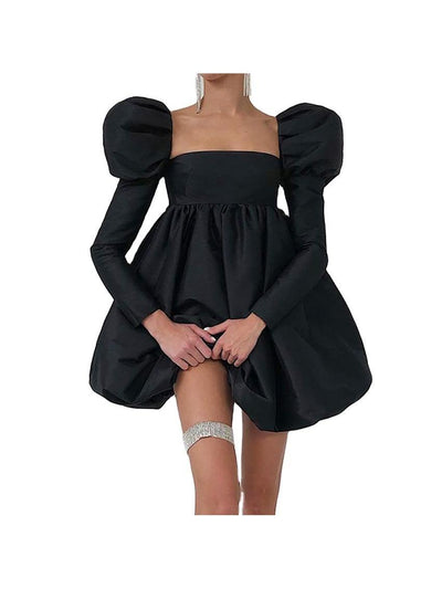 Ice Silk Square-Collar Puff-Sleeve French Satin Dress on sale, black with a voluminous bubble skirt