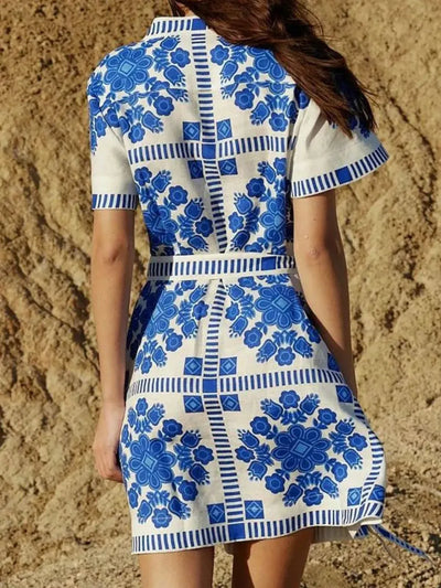 Mediterranean Print Short Dress with Belt