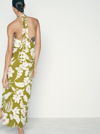 Floral Print Halterneck Backless Slit Maxi Dress