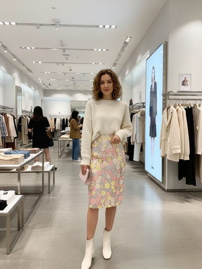 Flower Print Sequins Midi Skirt