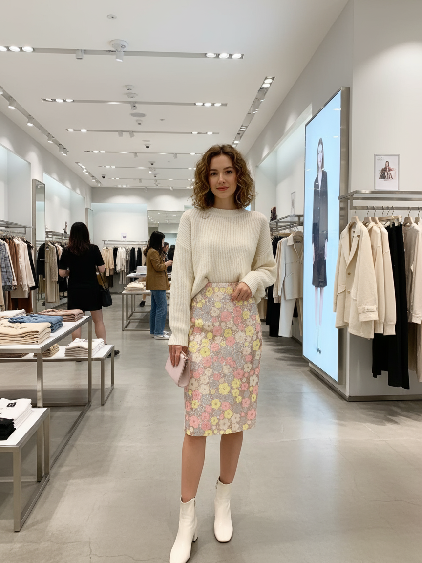 Flower Print Sequins Midi Skirt