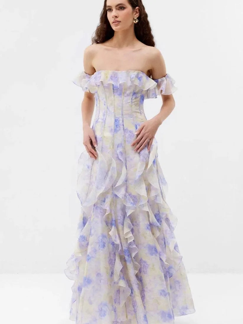 Ruffle Floral Print Frill Off-Shoulder Maxi Dress