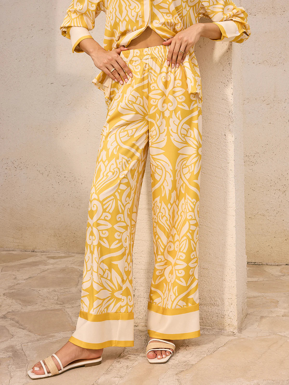 Butter Yellow Floral Print Shirt & Pants Coord Set