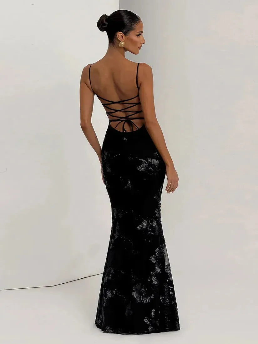 Spaghetti Strap Mesh 3D Applique Plate Floral Sheath Dress