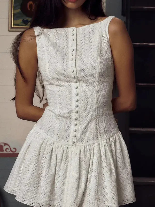 White Cotton Chikan Short Flare Dress