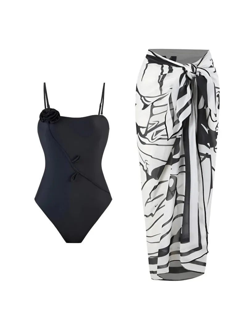 Abstract Applique print Bikini Swimsuit Set with Sarong Skirt