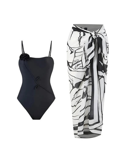 Abstract Applique print Bikini Swimsuit Set with Sarong Skirt