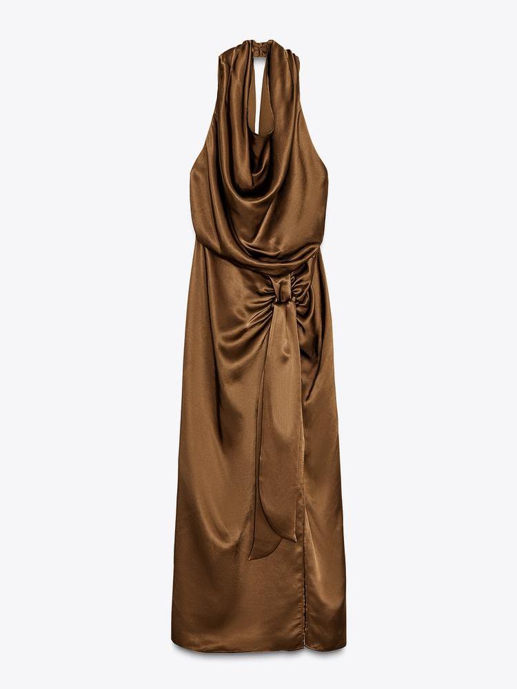 Brown Satin Halterneck Backless Slit Dress