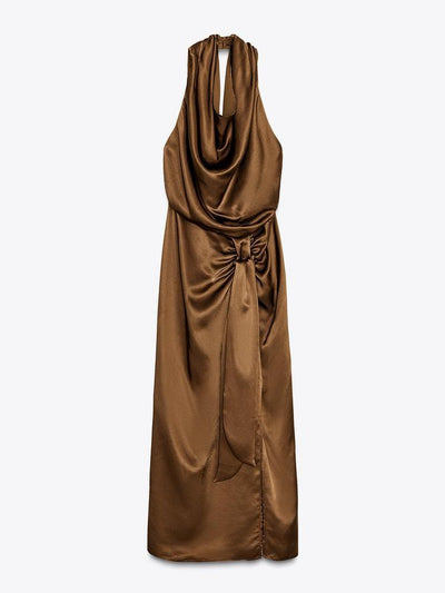 Brown Satin Halterneck Backless Slit Dress