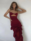 Spaghetti Strap Cutout Ruffle Slit Maxi Dress