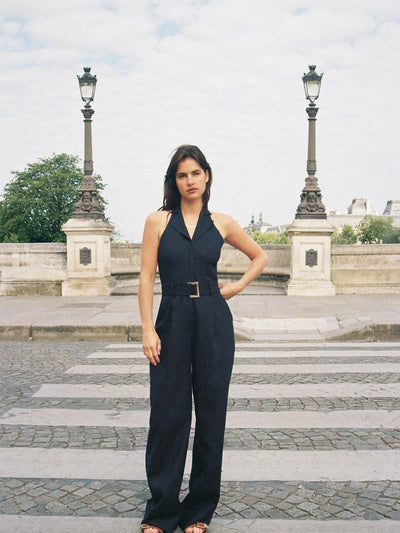 Navy Halter Neck Belted Wide‑Leg Jumpsuit