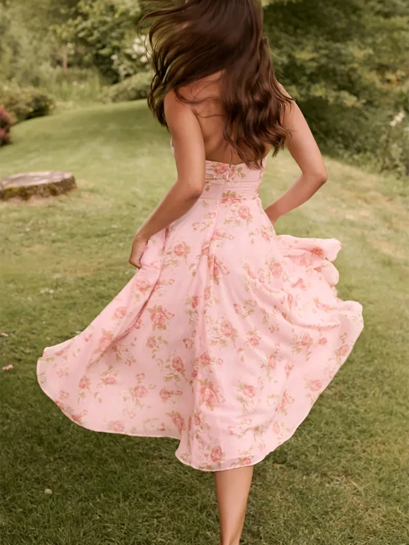 Floral Print V Neck Halter French Dress