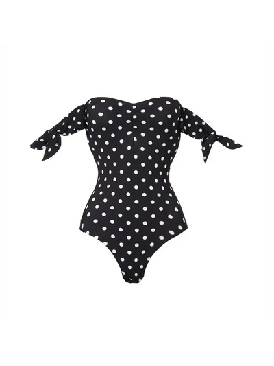 Polka Dot Off-Shoulder One-Piece Swimsuit by Swimwears; black with white polka dots.