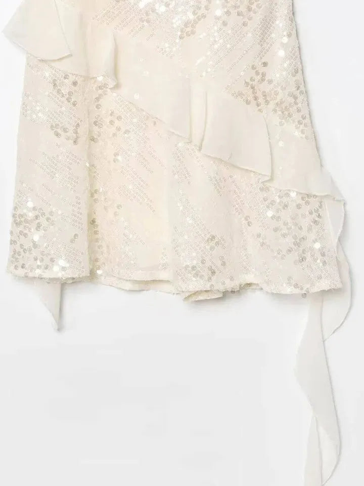 White  Asymmetric Ruffle Sequins Short Dress