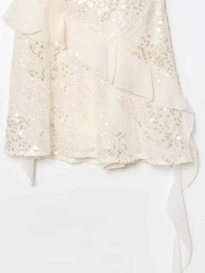 White  Asymmetric Ruffle Sequins Short Dress