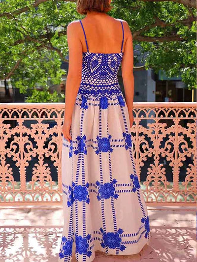 Boho Crochet Floral Print Maxi Dress