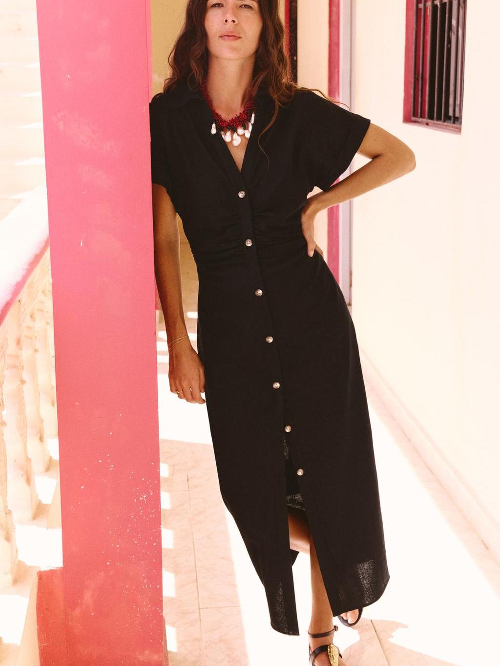 Linen Short Sleeves Button-up Shirt Dress