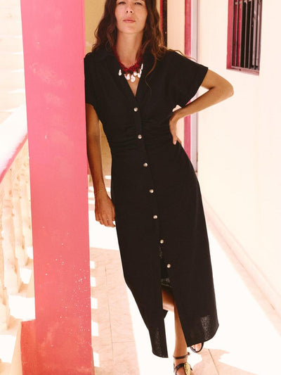 Linen Short Sleeves Button-up Shirt Dress