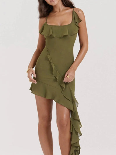 Tied Spaghetti Strap Asymmetric Ruffle Short Dress