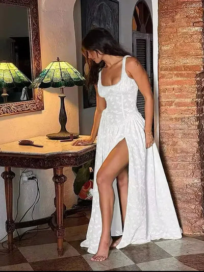 Pearl Beaded Square Neck Jacquard Textured High Slit Maxi Dress