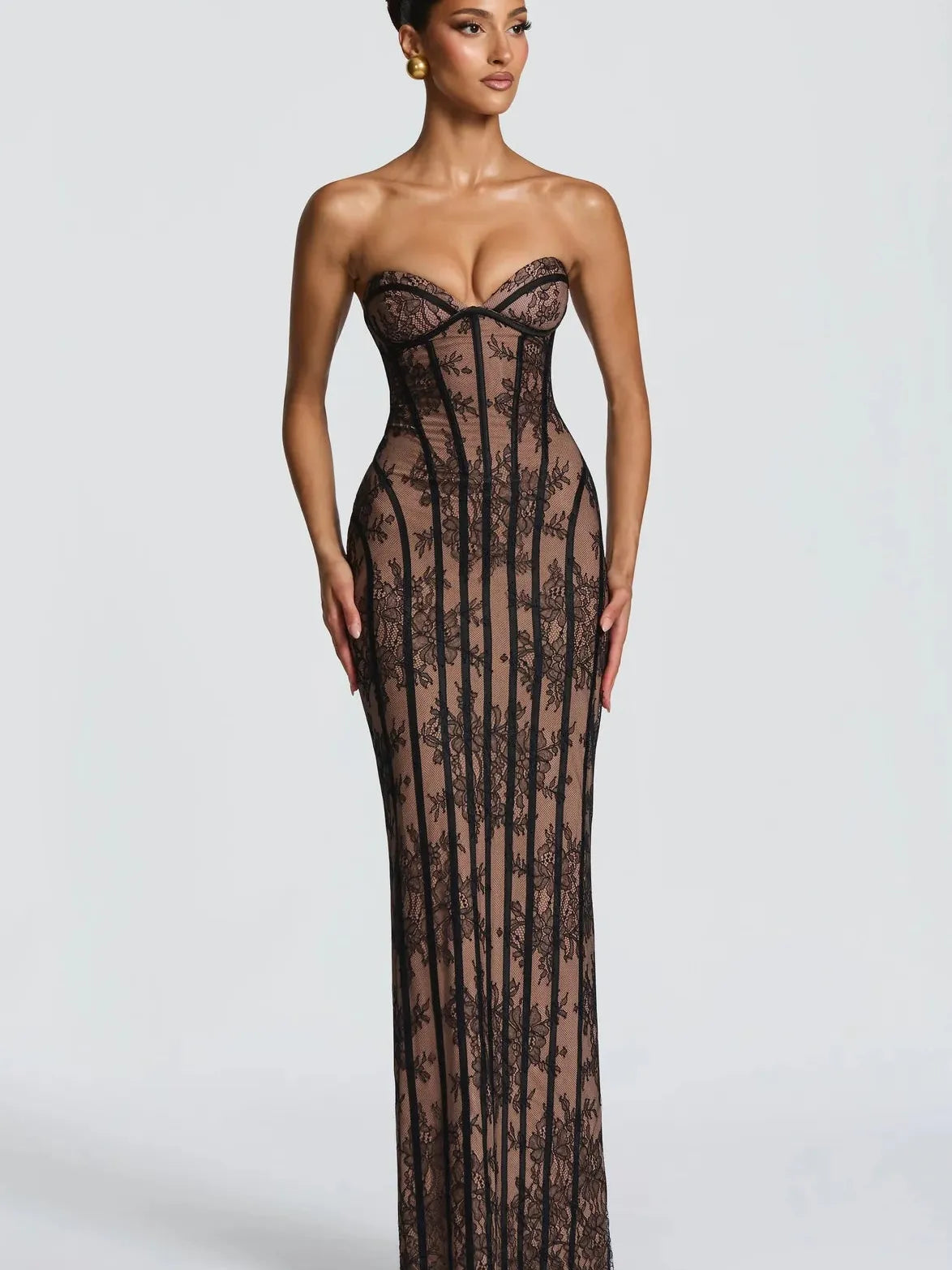 Floral Lace Corset Mermaid Gown, black lace over nude lining, strapless mermaid silhouette