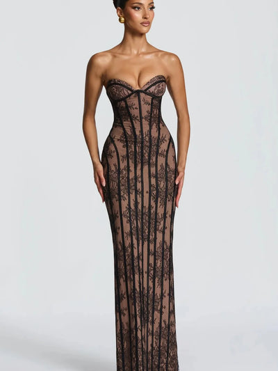 Floral Lace Corset Mermaid Gown, black lace over nude lining, strapless mermaid silhouette