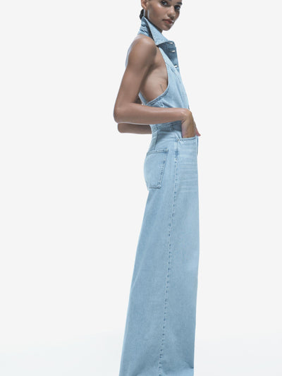 Halterneck Backless Denim Jumpsuit