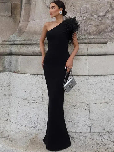 One Shoulder Fur Maxi Evening  Dress