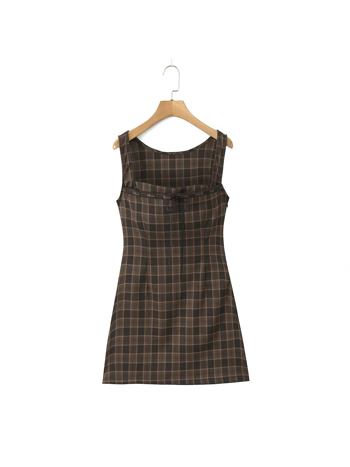 Brown Gingham Print Short Sweetheart Neck Dress