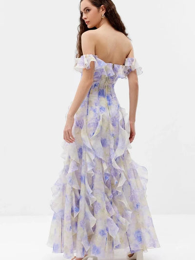 Ruffle Floral Print Frill Off-Shoulder Maxi Dress