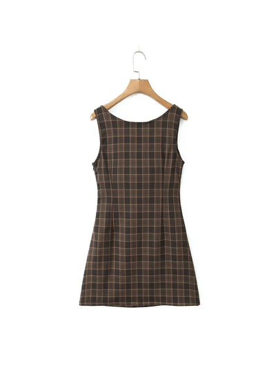 Brown Gingham Print Short Sweetheart Neck Dress