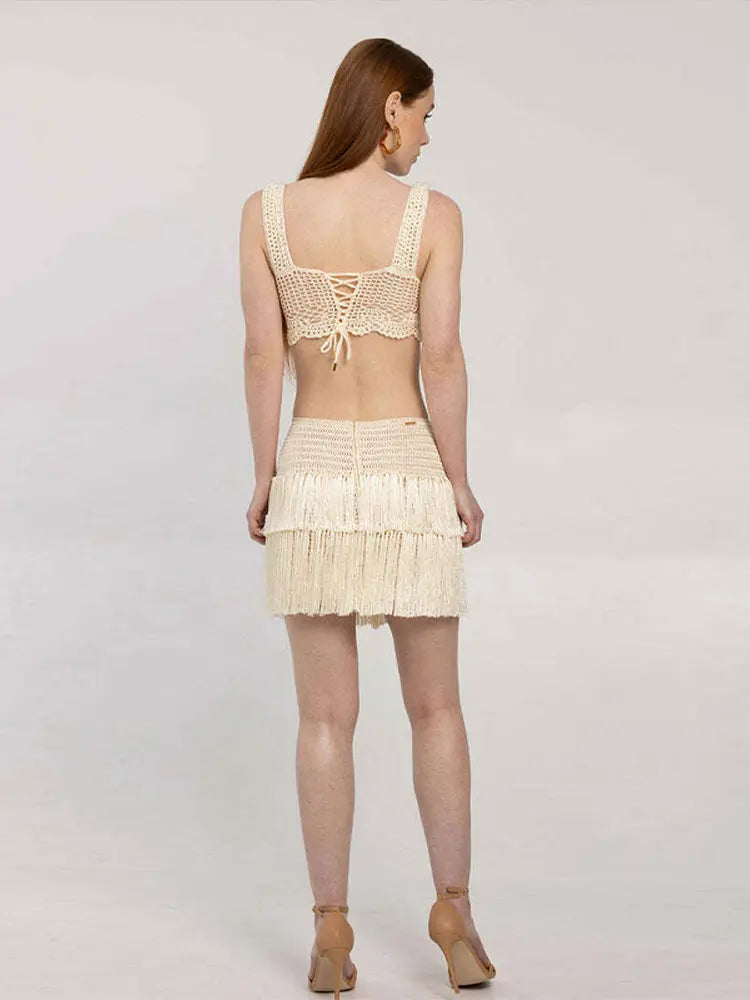 Crochet Bralette Crop Top & Tassel Skirt Coord Set