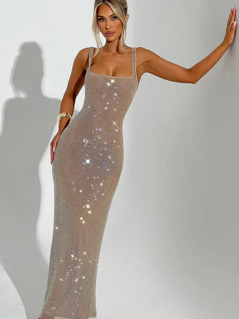 Rhinestone Scoop Backless Embellished Maxi Dress