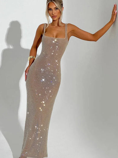 Rhinestone Scoop Backless Embellished Maxi Dress