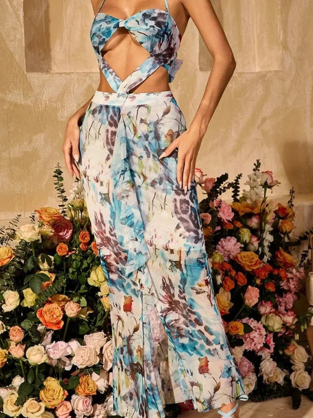 Floral Print Cutout Halterneck Frill Dress