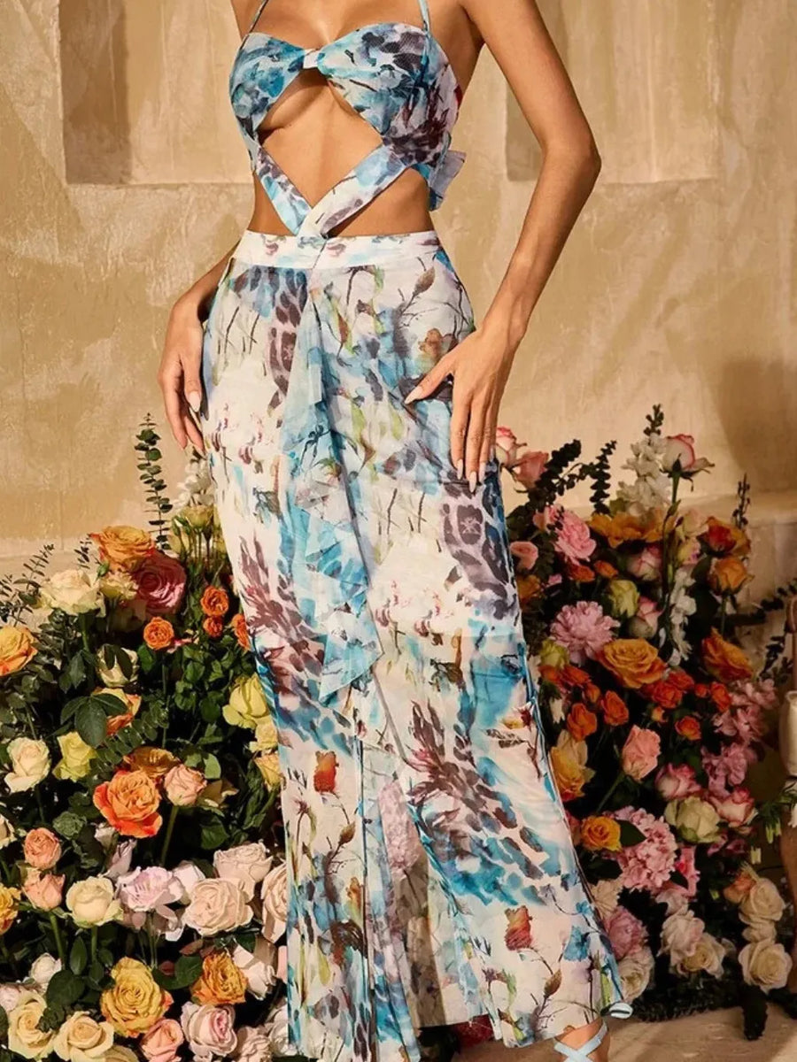 Floral Print Cutout Halterneck Frill Dress