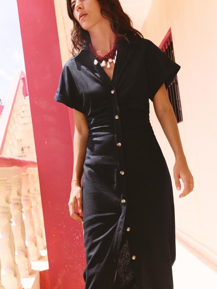 Linen Short Sleeves Button-up Shirt Dress