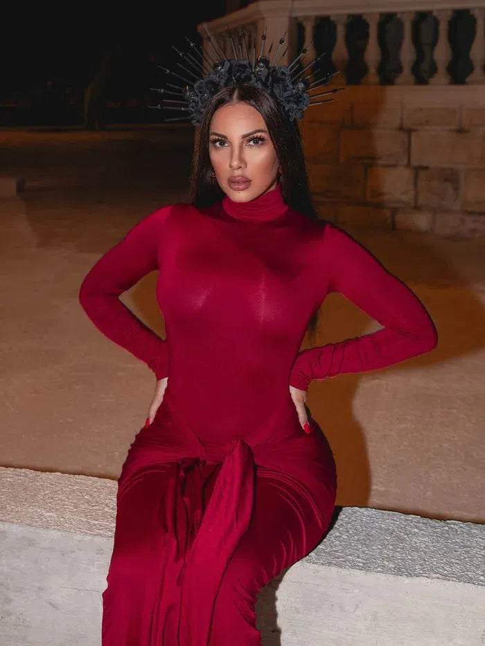 High Collar Knot Full Sleeves Bodycon Maxi Dress