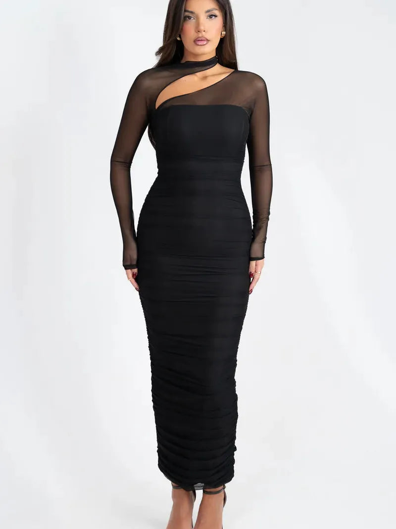 Mesh Sleeves Hollow Out Cutout Maxi Dress