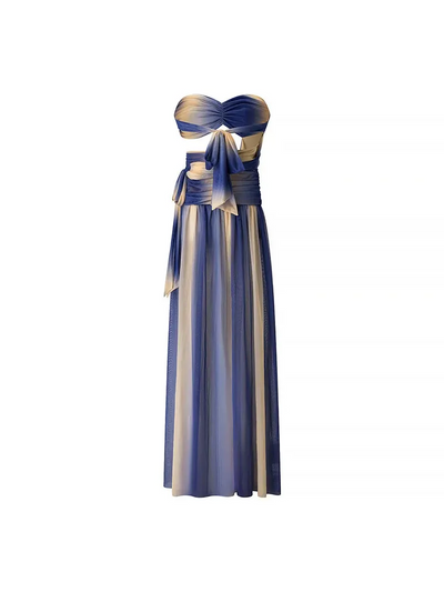 Strapless Ombré Ruched Chiffon Maxi Dress on sale by Exclusives in blue–beige gradient
