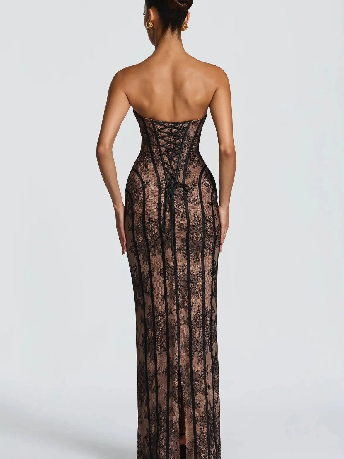 Floral Lace Corset Mermaid Gown, strapless black lace with nude lining and lace-up back