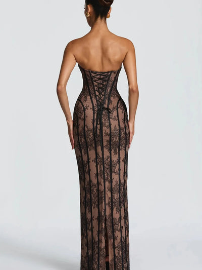 Floral Lace Corset Mermaid Gown, strapless black lace with nude lining and lace-up back