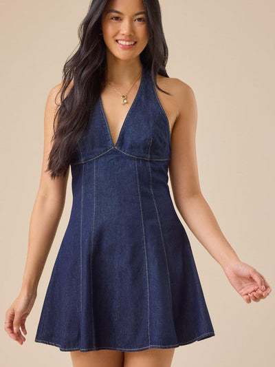 Denim Halterneck Backless Short Dress