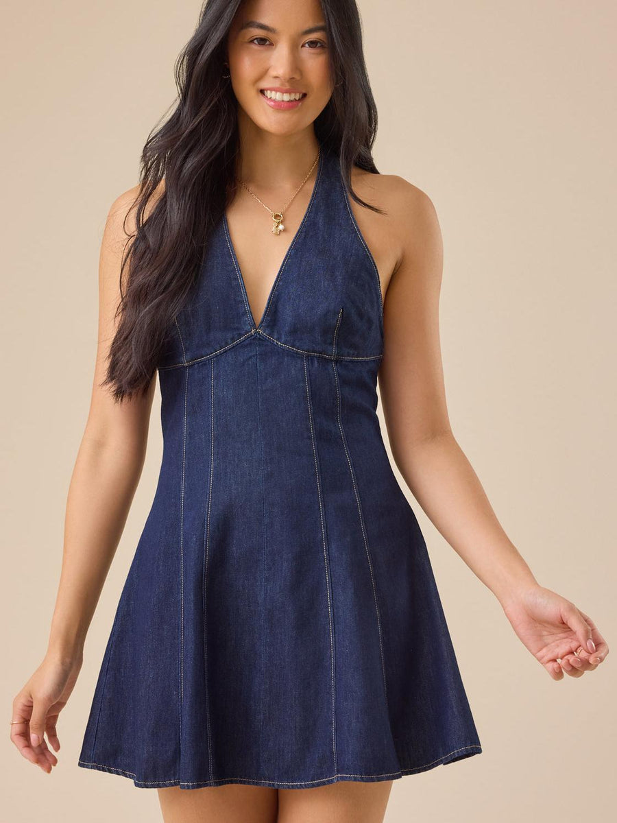 Denim Halterneck Backless Short Dress