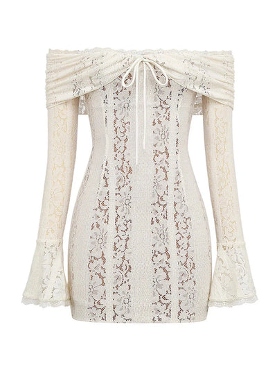 Off Shoulder Bell Sleeves Floral Lace Short Dress