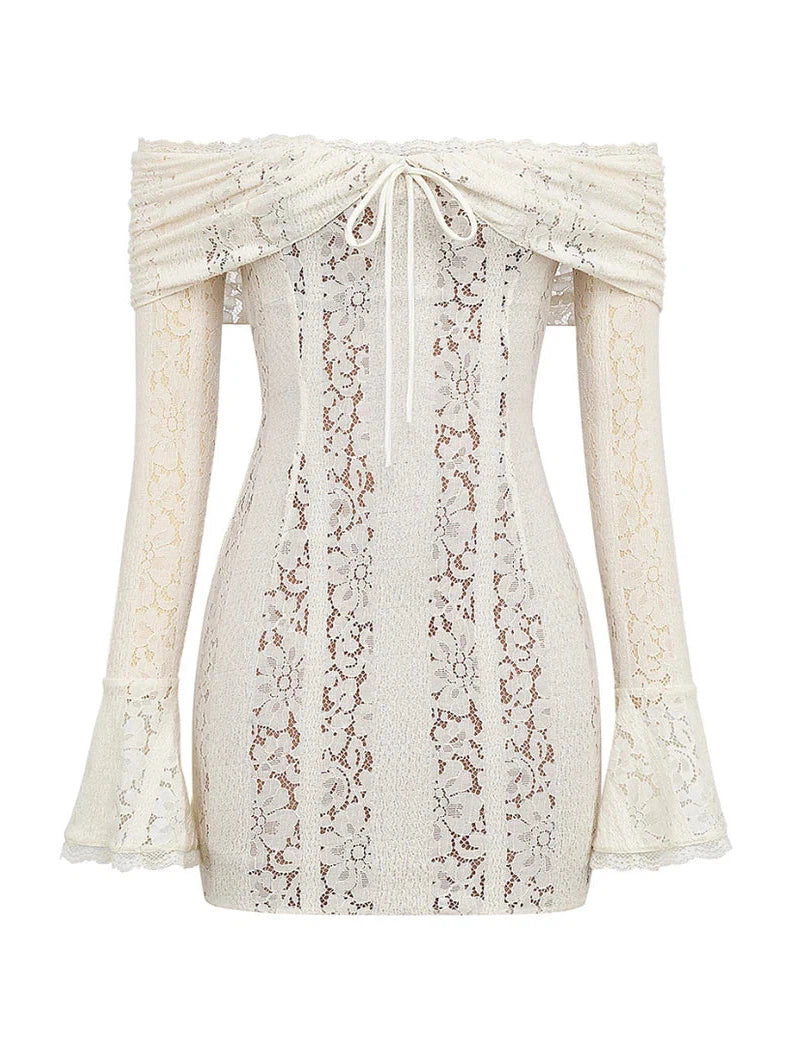 Off Shoulder Bell Sleeves Floral Lace Short Dress Off Shoulder Bell Sleeves Floral Lace Short Dress