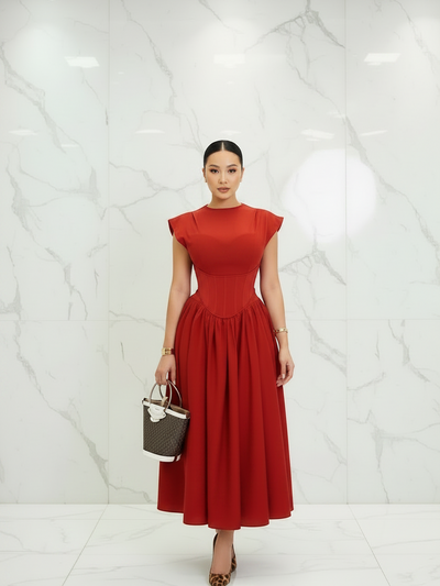 Short Sleeves Corset Flare Midi Dress, red with fitted waist and full midi skirt, on sale